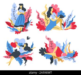 Woman in romantic or dreamy mood, girl in love isolated icons Stock Vector