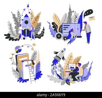 Business starting, startup concepts isolated icons, spaceship launch Stock Vector