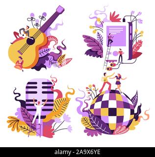 Music playing and listening isolated icons, singing and dancing Stock Vector