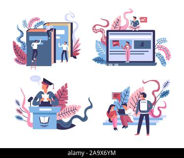 Education and graduation isolated icons, online distant learning Stock Vector