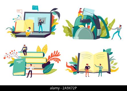 Students and education, degree receiving and learning, isolated icons Stock Vector