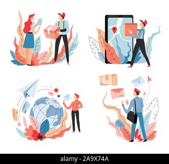 Mail delivery, online shopping and deliverer, post shipping and transportation Stock Vector