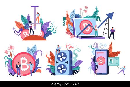 Bitcoin mining and marketplace, digital currency stock exchange, isolated icons Stock Vector