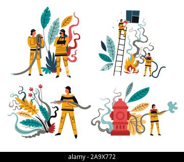 Fire rescue team, firefighters with hose and hydrant, isolated icons Stock Vector
