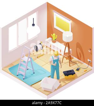 Vector isometric electrician working in room Stock Vector