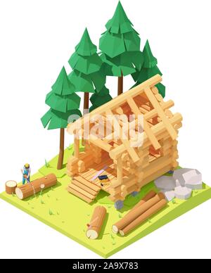 Vector isometric carpenter at log cabin building Stock Vector