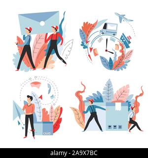 Delivery isolated icons, post and mail transportation or shipping Stock Vector