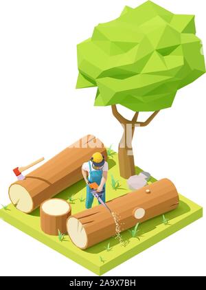 Vector isometric lumberjack cutting tree with chainsaw Stock Vector