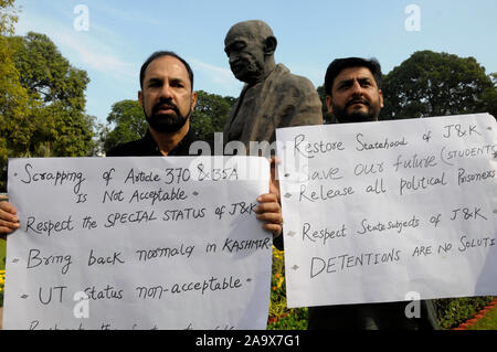 The Jammu and Kashmir Peoples Democratic Party (JKPDP) Rajya Sabha members Mir Fayaz (right) and Nazir Ahmed Laway (left) protest against scrapping of Stock Photo