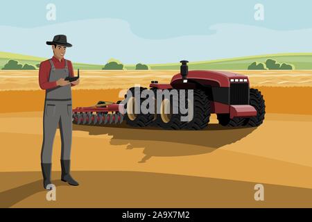 Farmer controls an autonomous tractor on a smart farm. Vector illustration EPS10 Stock Vector