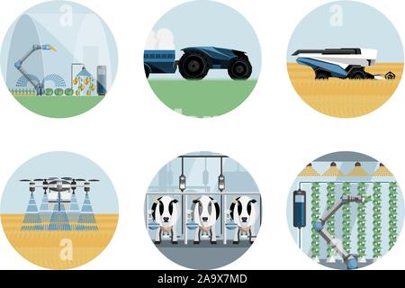 Smart farm set. Modern greenhouse with robotic arm, autonomous tractor and harvester, drone-sprayer, automated milking and vertical gardening. Agricul Stock Vector