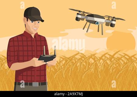 Farmer control drone on a wheat field. Digital transformation in agriculture and smart farming. Vector illustration EPS10 Stock Vector