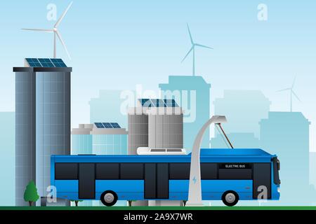 Electric bus on the street of the city that uses clean energy. Vector illustration EPS 10 Stock Vector