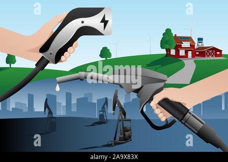 Hand with charging plug for electric vehicle and hand with fuel nozzle. Alternative future with renewable energy. Vector illustration Stock Vector