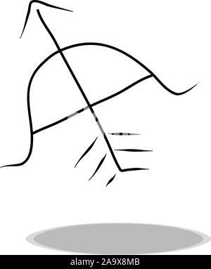 Bow and arrow icon on white background, flat design, hand drawing. Illustration of sport, contour of symbol Stock Vector