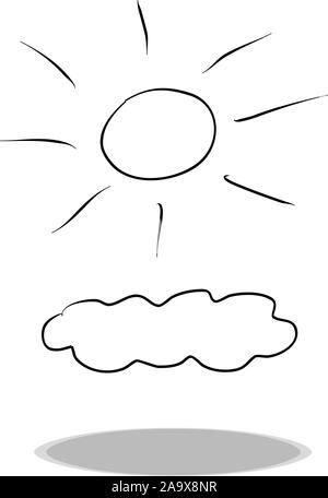 Weather icon on white background, flat design, hand drawing. Illustration of sun and cloud, contour of symbol Stock Vector