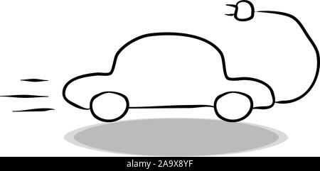 Electric car icon on white background, flat design, hand drawing. Illustration of clean energy, contour of symbol Stock Vector