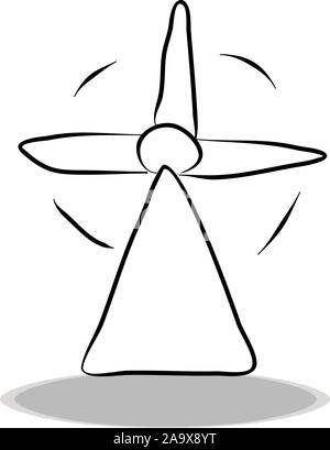 Wind generator icon on white background, flat design, hand drawing. Illustration of energetics, contour of symbol Stock Vector