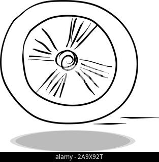 Wheel icon on white background, flat design, hand drawing. Illustration of tire, contour of symbol Stock Vector