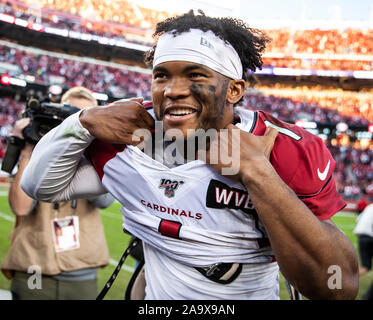 Santa Clara, California, USA. 17th Nov, 2019. Arizona quarterback Kyler Murray (1) exchanges football jerseys with 49ers player after the NFL Football game between the Arizona Cardinals and the San Francisco 49ers 26-36 lost at Levi Stadium Santa Clara Calif. Thurman James/CSM Credit: Cal Sport Media/Alamy Live News Stock Photo