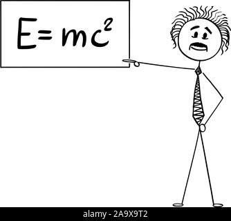 Vector cartoon stick figure drawing conceptual illustration of scientist Albert Einstein pointing at sign with E equals mc2 equation of special relativity theory. Stock Vector
