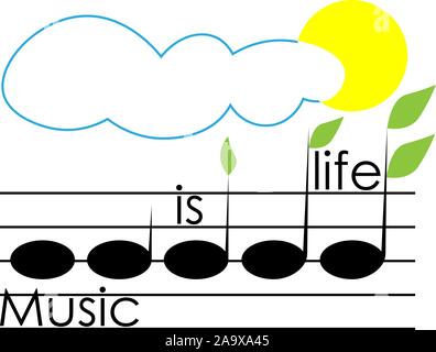 art logo music is life from the notes of sprouts with leaves a cloud and the sun Stock Vector