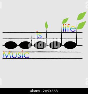 art logo music is life from the notes of sprouts with leaves Stock Vector