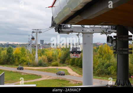 NIZHNY NOVGOROD, RUSSIA - SEPTEMBER 28, 2019: Nizhny Novgorod cableway. It is the only cableway in Russia and Europe with a span of 861.21 m above the Stock Photo