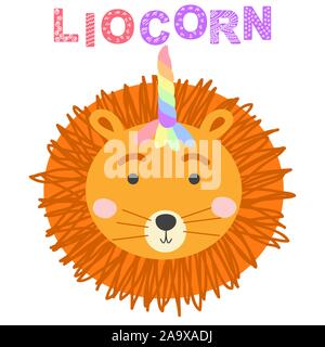 cute funny lion with a unicorn horn. Scandinavian style flat design. Concept for children print. Stock Vector