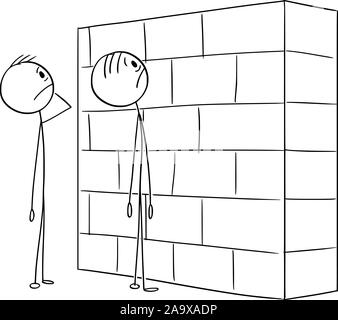 Vector cartoon stick figure drawing conceptual illustration of two helpless or confused men or businessmen watching the wall, obstacle in their way to career or success. Stock Vector