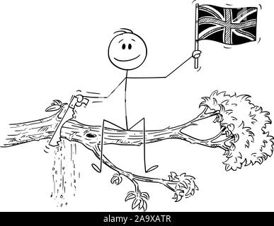 Vector cartoon stick figure drawing conceptual illustration of man waving the flag of United kingdom, and cutting with saw the tree branch on which he is sitting. Stock Vector