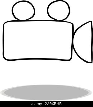 Filming icon on white background, flat design, hand drawing. Illustration movie camera, contour of symbol Stock Vector
