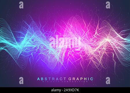 Abstract dynamic motion lines and dots background with colorful particles. Digital streaming background, wave flow. Plexus stream background. Big Data Stock Vector