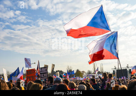 Prague, Czech Republic - Nov 16, 2019: Crowd protests against Prime Minister Babis and Minister of Justice on Letna, Letenska plan. The 30th anniversary of the fall of communism, waving Czech flags. Stock Photo