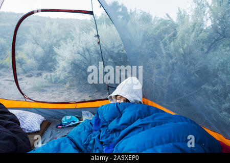 6 yera old boy waking up in tent Stock Photo