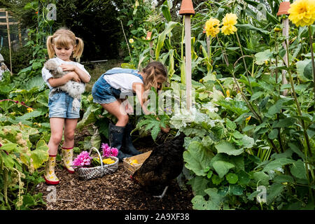 Two girls standing in a garden, holding chicken and picking vegetables. Stock Photo