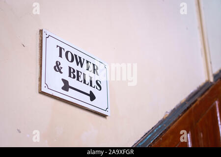 St. Anne's Church Cork interior with Tower and Bells sign for the unique experience to climb the tower and ring the Shandon Bells Stock Photo