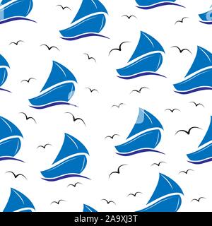 Seamless sea background with yacht under sail and seagulls. Solution for textiles, packaging, paper printing, simple backgrounds and texture. Stock Vector