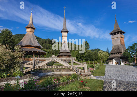 Summer altar, church and main gateway of monastery in Barsana village, located in Maramures County of Romania Stock Photo