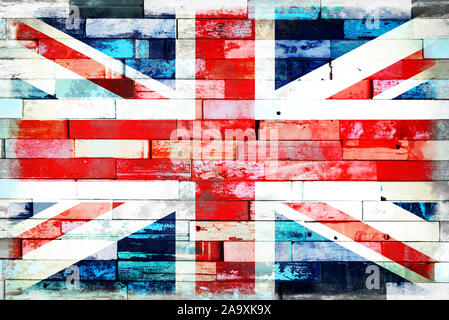 UK flag on old painted grunge wood planks background Stock Photo