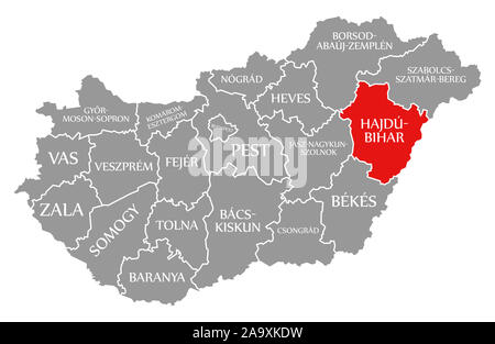 Hajdu-Bihar red highlighted in map of Hungary Stock Photo