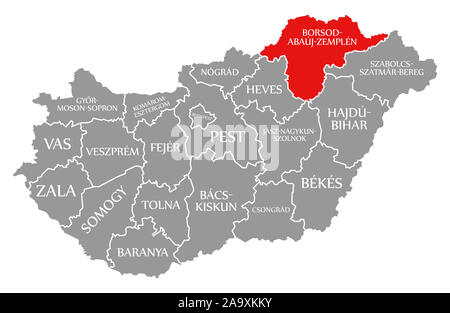 Borsod-Abauj-Zemplen red highlighted in map of Hungary Stock Photo