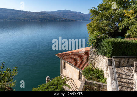 Lake Maggiore seen from monastery Santa Caterina del Sasso at the east-side of the lake, Province of Varese, Lombardy region, Northern Italy Stock Photo