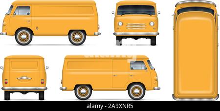 Old yellow van vector mockup on white background. Isolated minivan view from side, front, back and top. All elements in the groups on separate layers Stock Vector