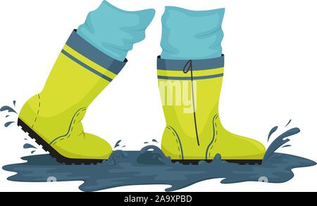 A man in rubber boots is walking through puddles. Rainy weather. Vector illustration. Stock Vector