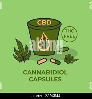 CBD Cannabidiol Capsules. Vector hand drawn Hemp leaf Illustration isolated on green Template design Stock Vector