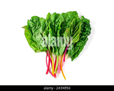 Bunch of swiss chard leafves isolated on white background. Fresh swiss rainbow chard with yellow, red and green colors, top view or flat lay Stock Photo