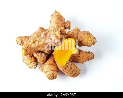 Turmeric root isolated on white background with clipping path. Top view Stock Photo