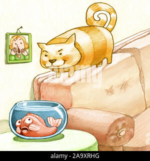 funny, mischievous cat on the back of the sofa looks at a very frightened goldfish in the glass bowl humorous pencil draw Stock Photo