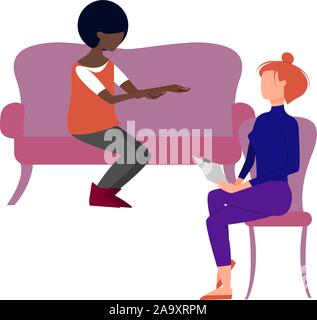 Scene of caucasian female therapist consulting black female patient. Flat style stock vector illustration Stock Vector